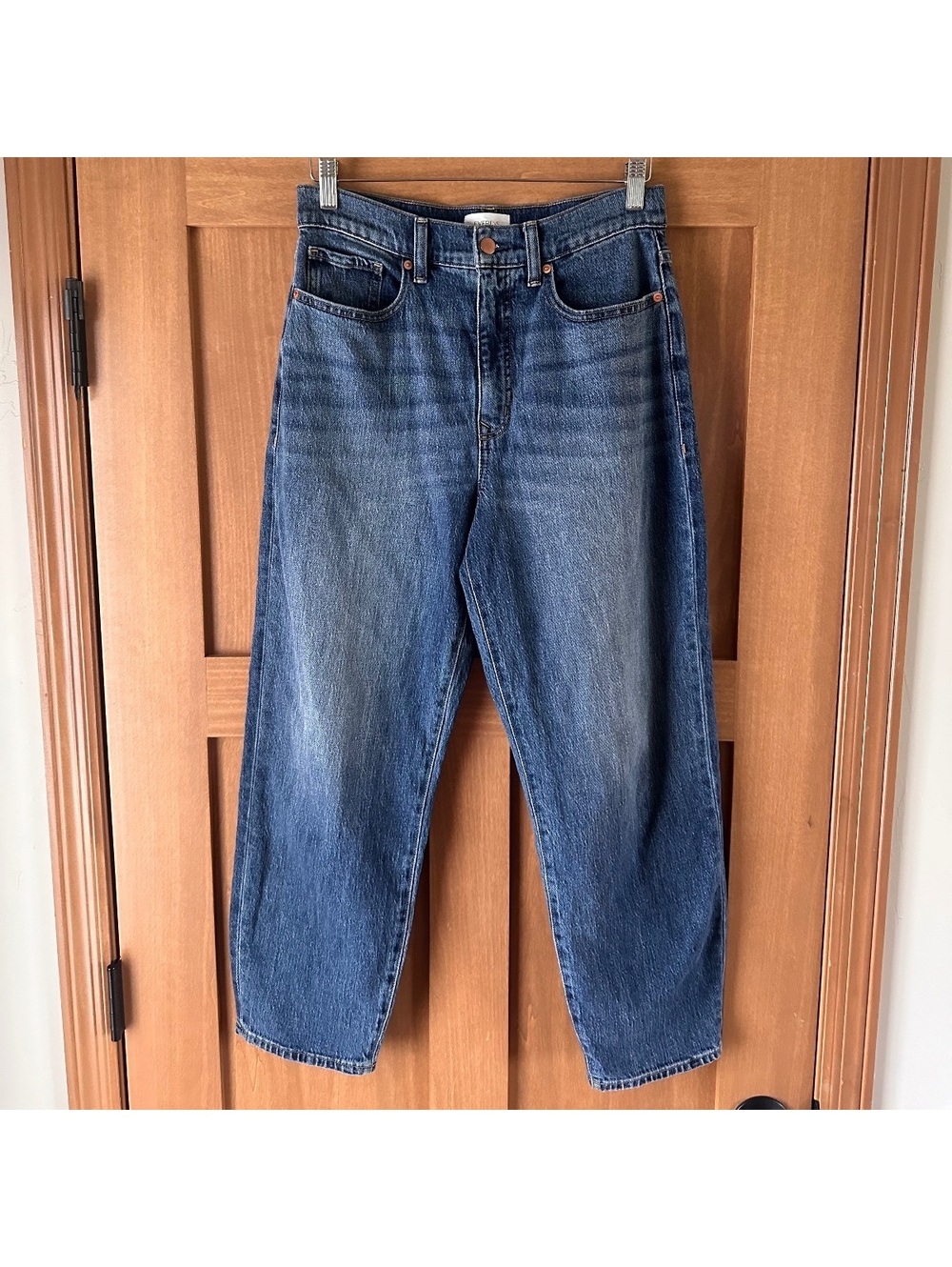 Evereve Ever Vintage Barrel Jeans Bowed Leg High Rise Dark Blue Women’s size 28
